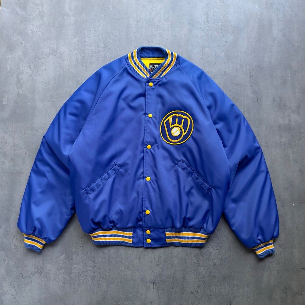 Vintage Milwaukee Brewers Butwin Satin Bomber Jacket XL USA Made MLB Blue 80s